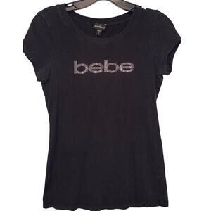 Bebe Logo Top Black Medium Short Sleeve Stretch Fitted Y2K